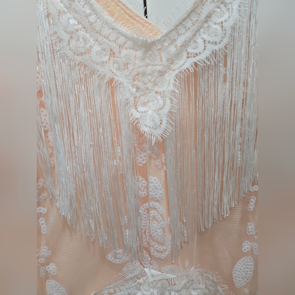 ✨2/$25 Fundaisy Fringe Lace Dress in Peach and White Flapper Party Dress - Picture 4 of 4